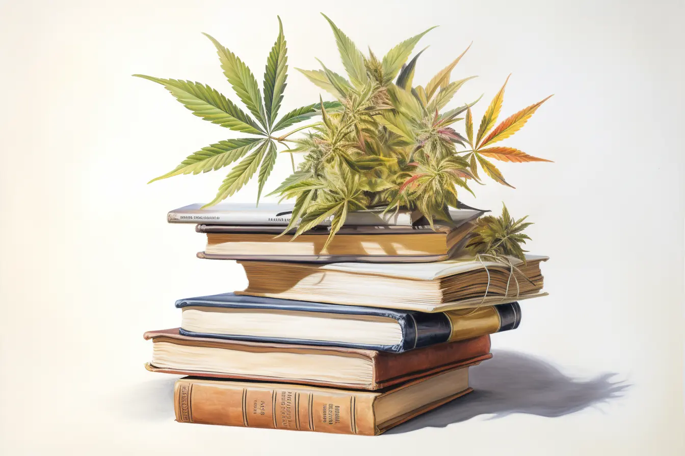 Stapel von Büchern und mehrere Cannabisblätter verstreut